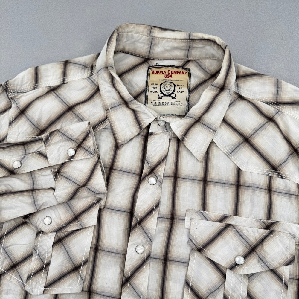 Supply‎ Company USA Mens XXL Plaid Pearl Snap Western Workwear Shirt Ivory Brown